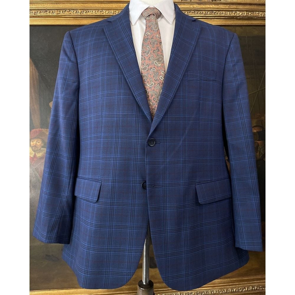 Pronto Uomo Platinum 46R Dark Blue Plaid Stretch Wool Blend 2Btn Blazer Jacket