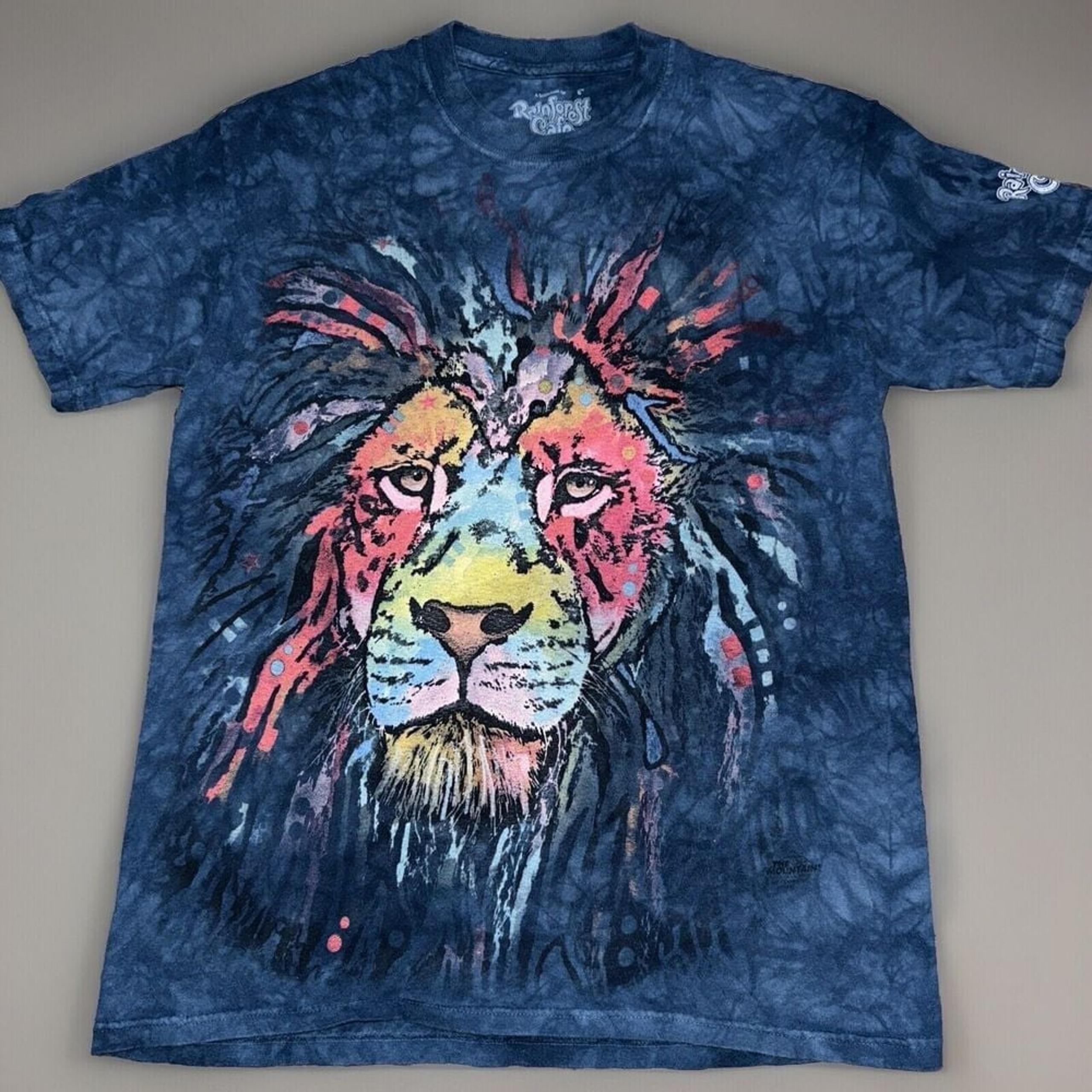 VTG 90s Rainforest Cafe Lion Tie Dye T Shirt  Blue Graphic Lion The Mountains