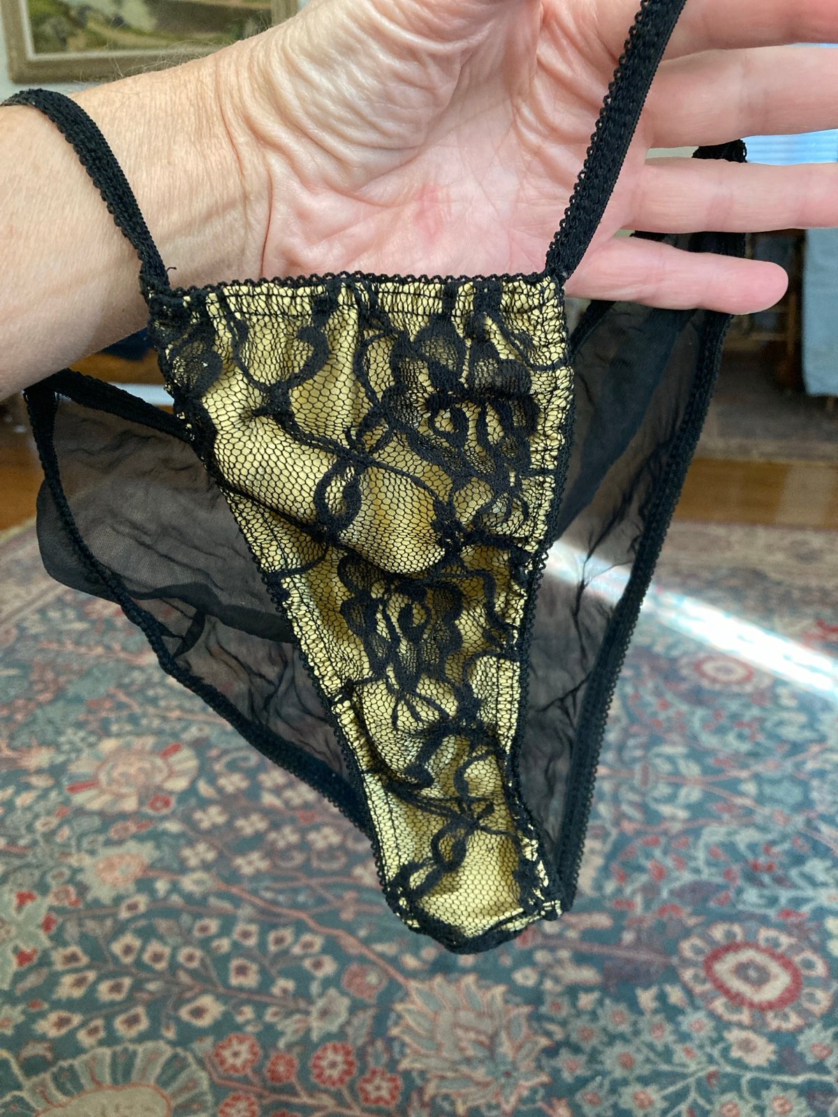 RARE vintage ultra sheer red & black lace gold insert panty medium sexy hot L/M