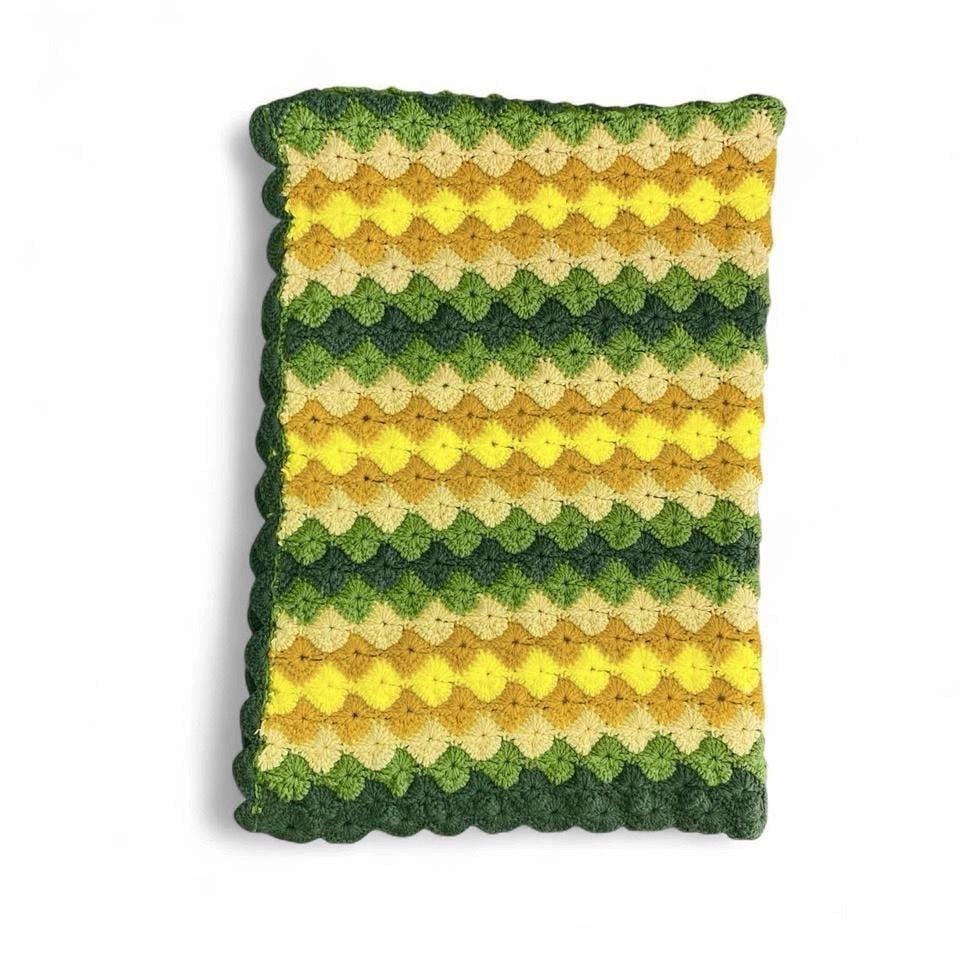 Vintage Handmade Green & Yellow Crochet Hippie Boho Afghan Blanket