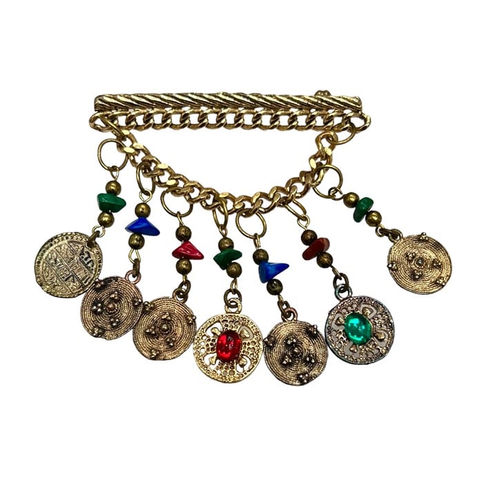 VINTAGE CHAIN BAR W CHAIN SWAG & COIN DANGLES W STONES - ETRUSCAN STYLE BROOCH