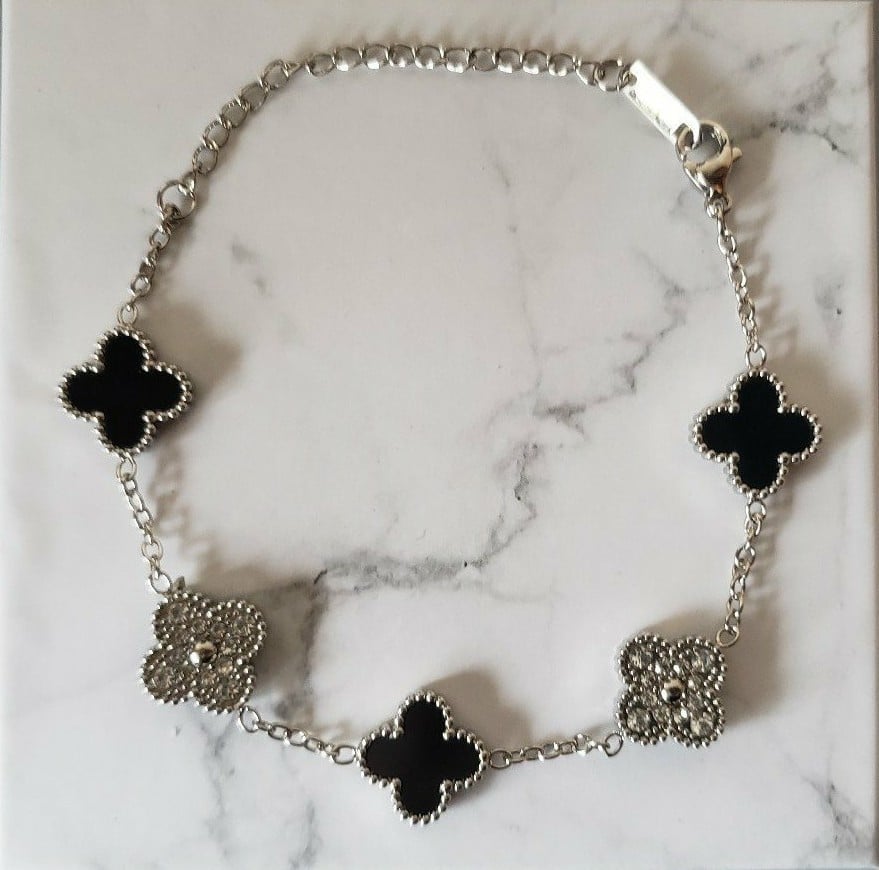18k White Gold Plated Lucky Clover Bracelet Silver and Black 5 motifs reversible