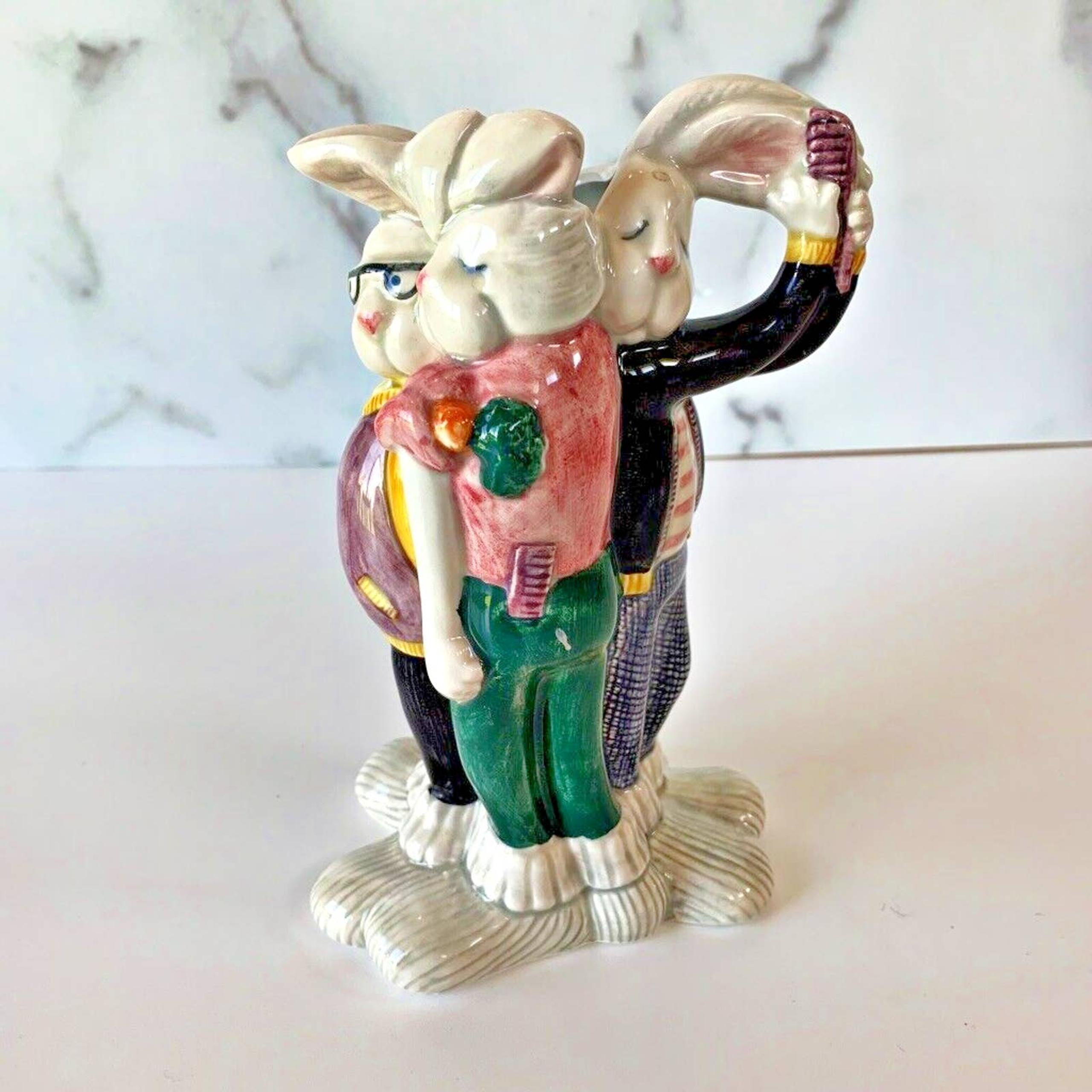Fitz & Floyd Sock Hoppers Creamer Rabbits 1994 Ceramic Pitcher Bunnies Figure