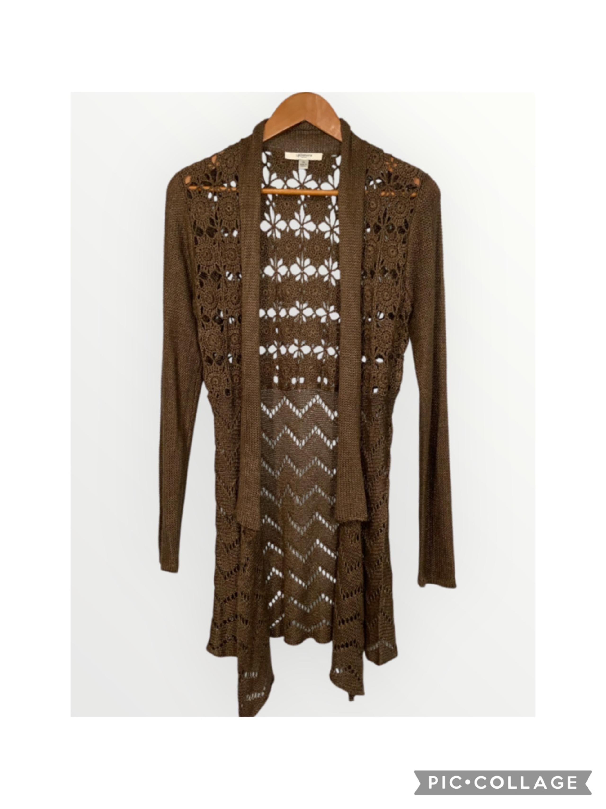 Dressbarn Brown Floral Crochet Retro Boho Open Front Sweater Long Cardigan XS