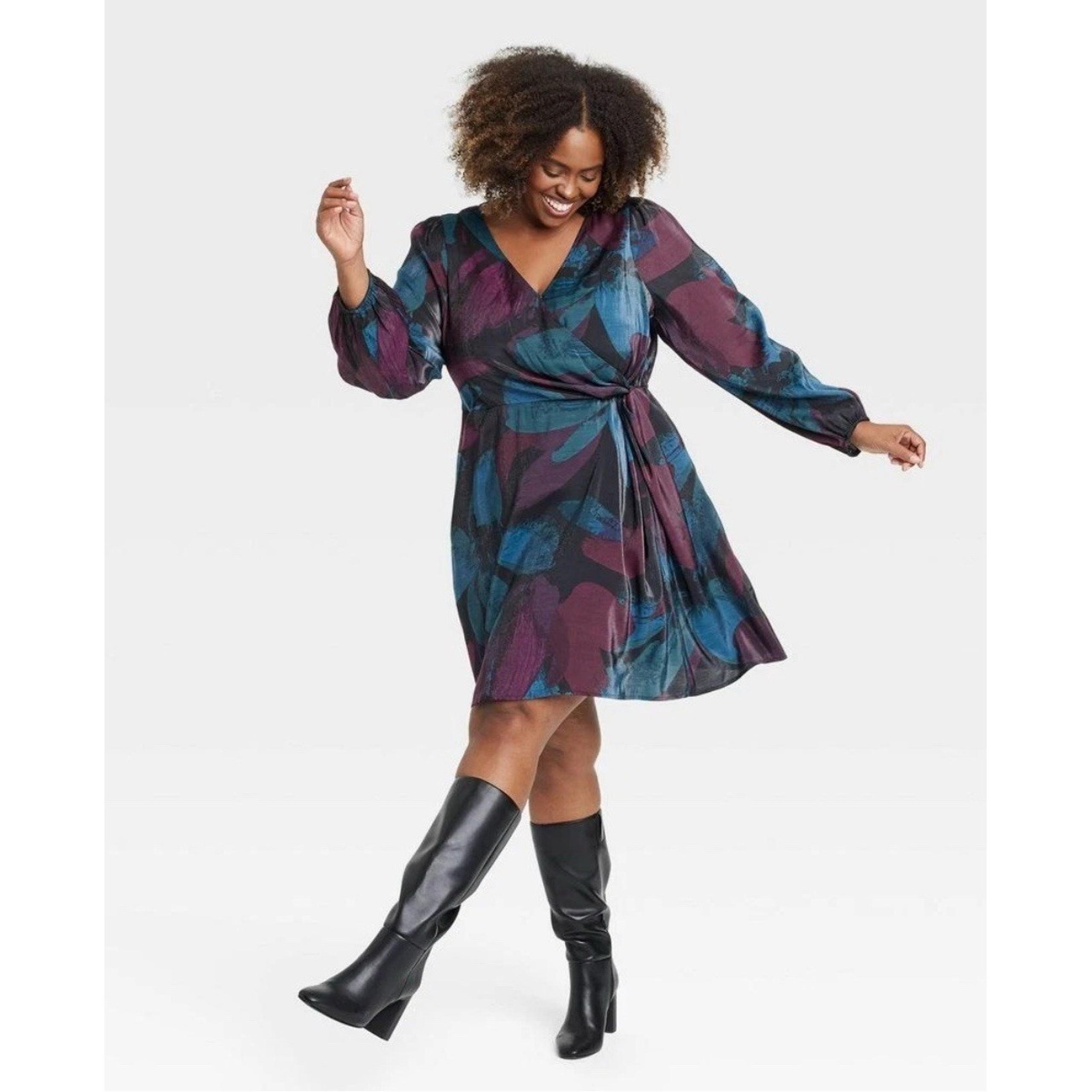 NEW Ava & Viv Women's XXL Balloon Long Sleeve Midi Faux Wrap Dress Pockets