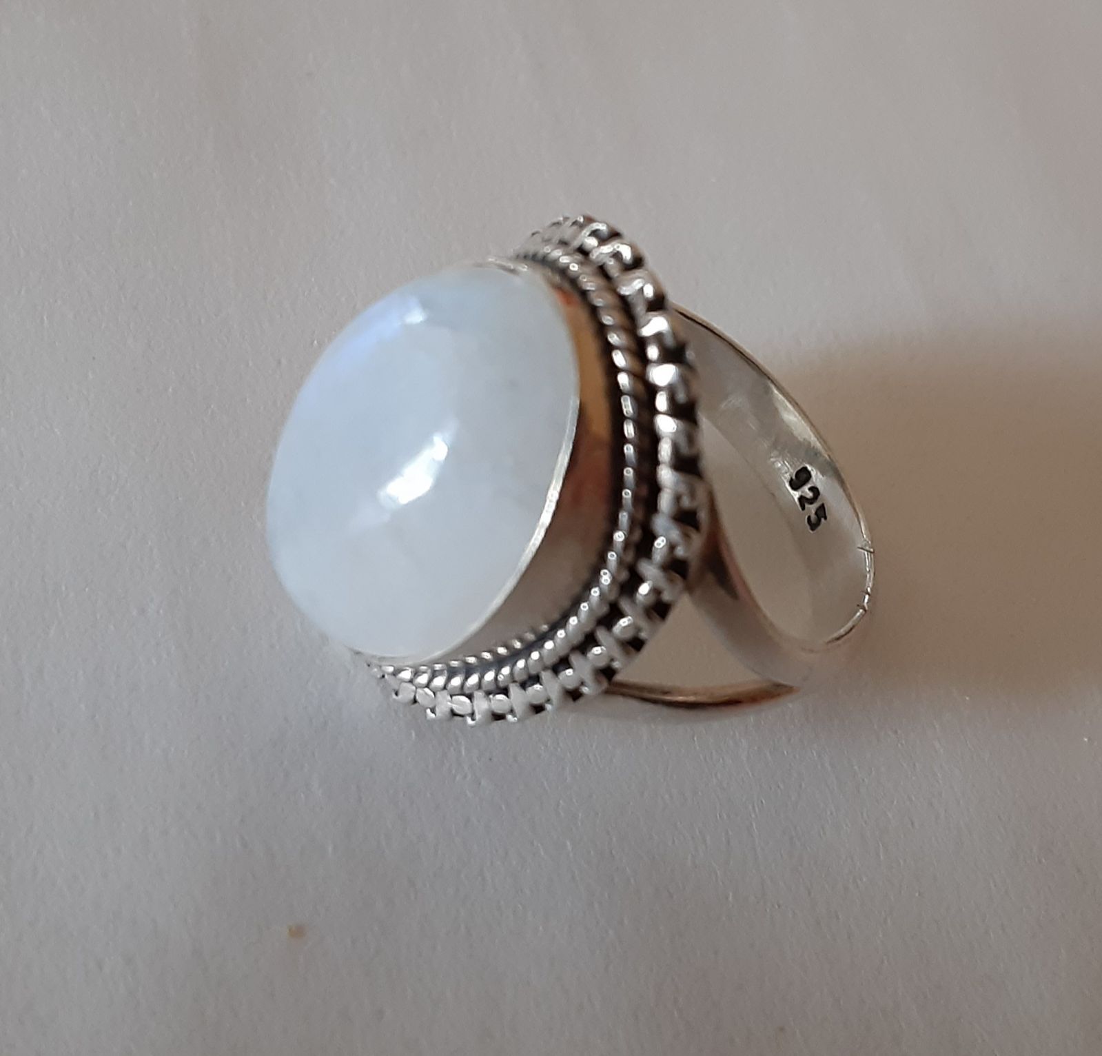 Silver Moonstone Beaded Cabochon Ring