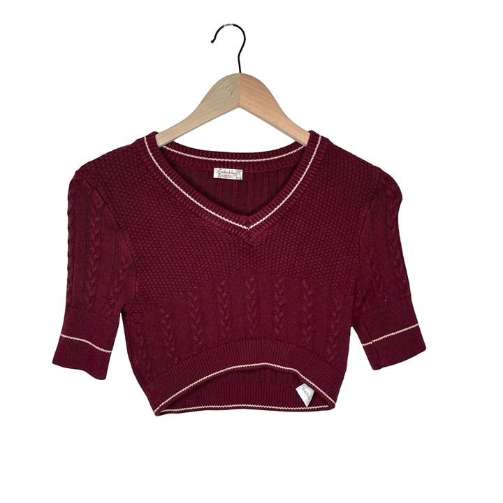 Intimately Free People Burgundy Cable Knit Cropped Varsity College Sweater XS