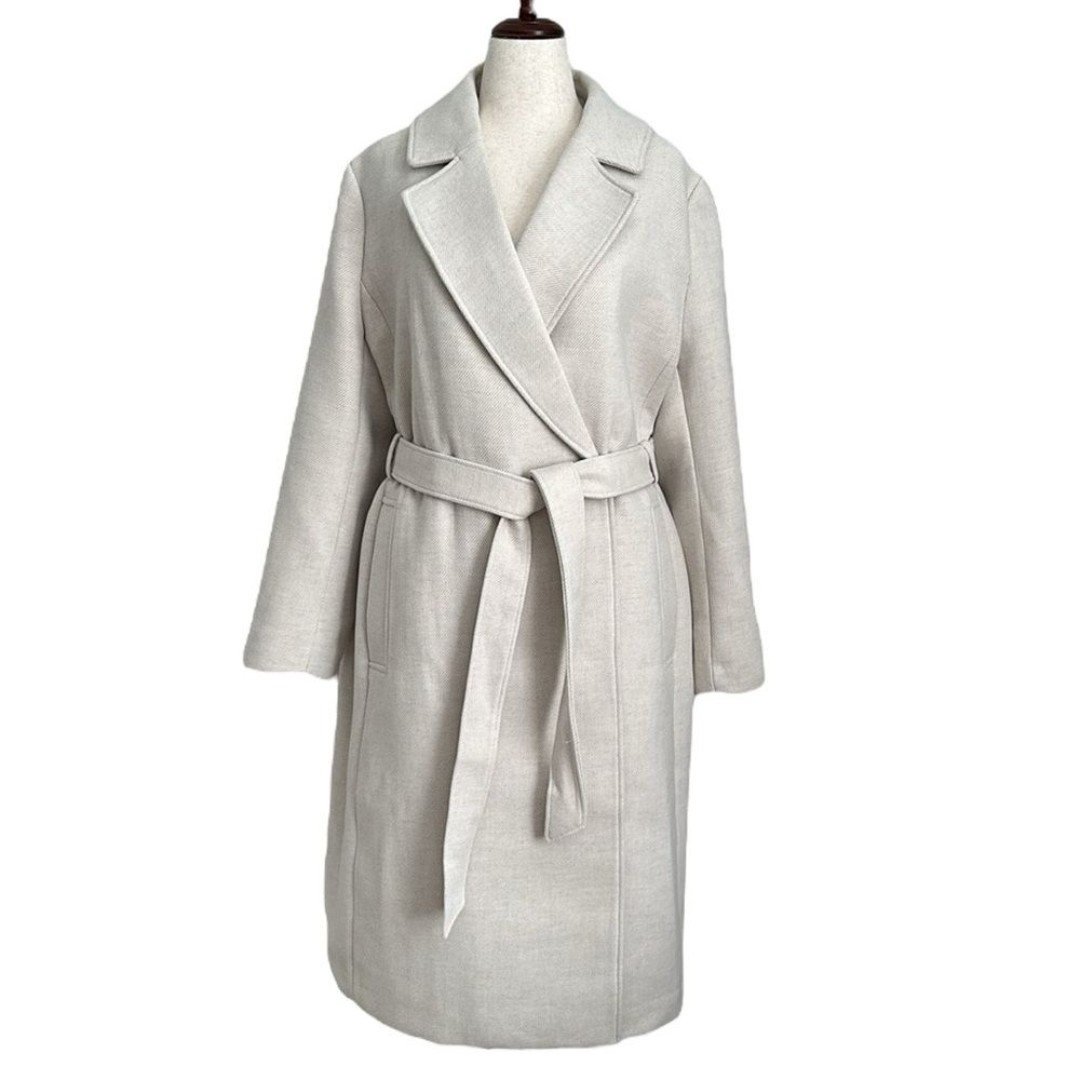 NWT H&M Tie Belt Long Twill Coat with Pockets Cream Size XL