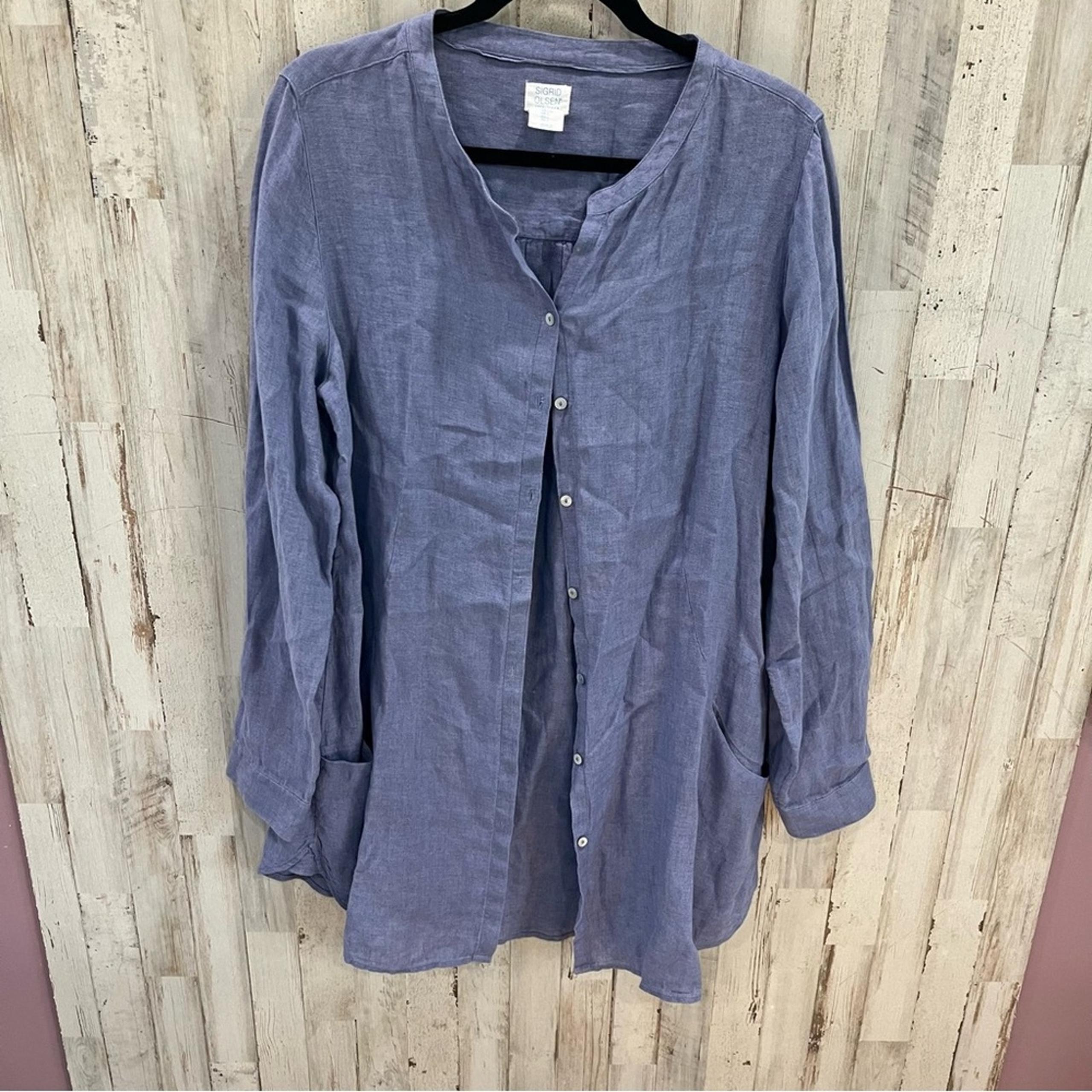 Sigrid Olsen Blue 100% Linen Button Front Tunic Lagenlook Top Pockets