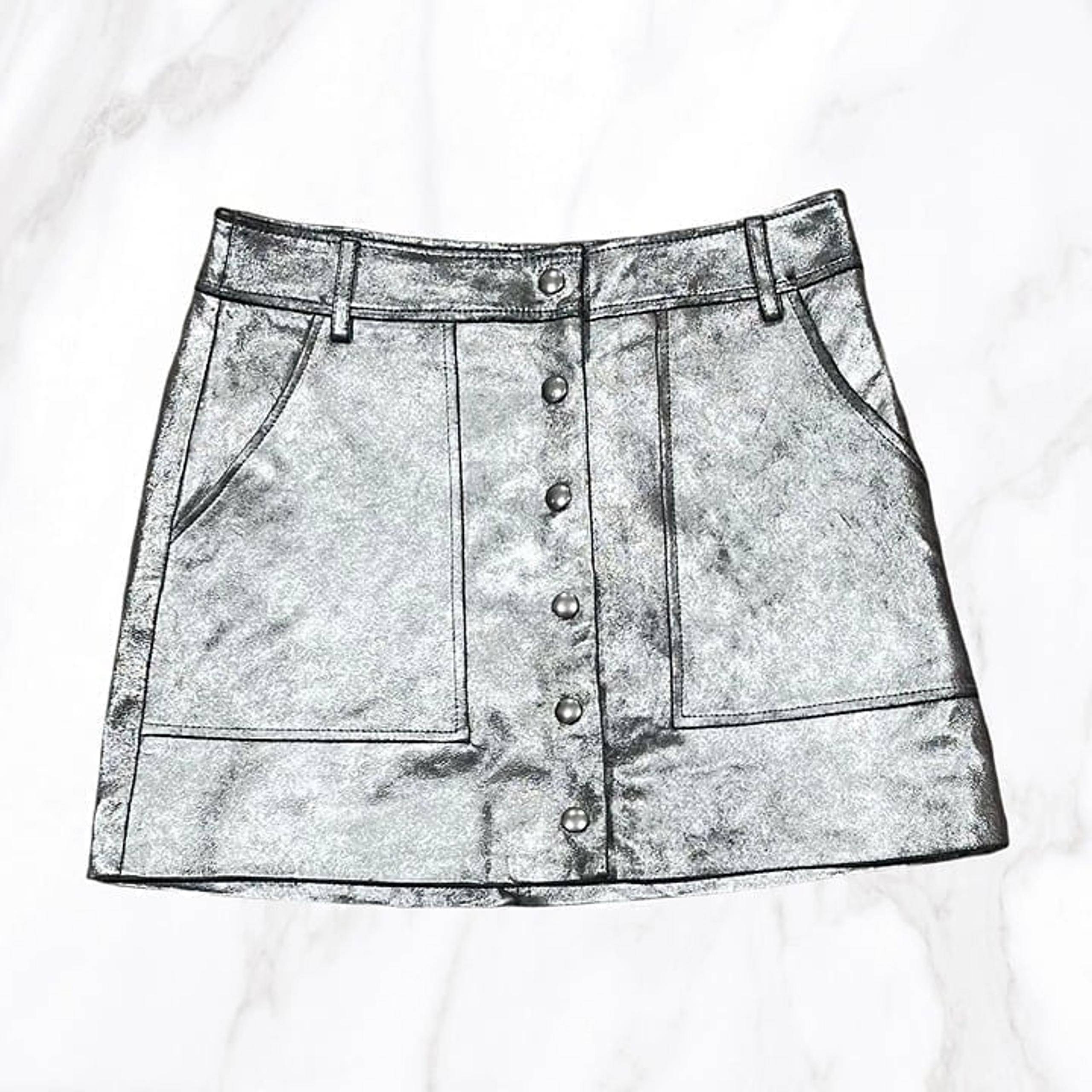 NWOT FRAME Women's 100% Lambskin Metallic Button Up Mini Skirt, Size 25