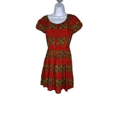 Free People Womens Fit & Flare Dress Red Geometric Keyhole Cap Sleeve Cut Out XS