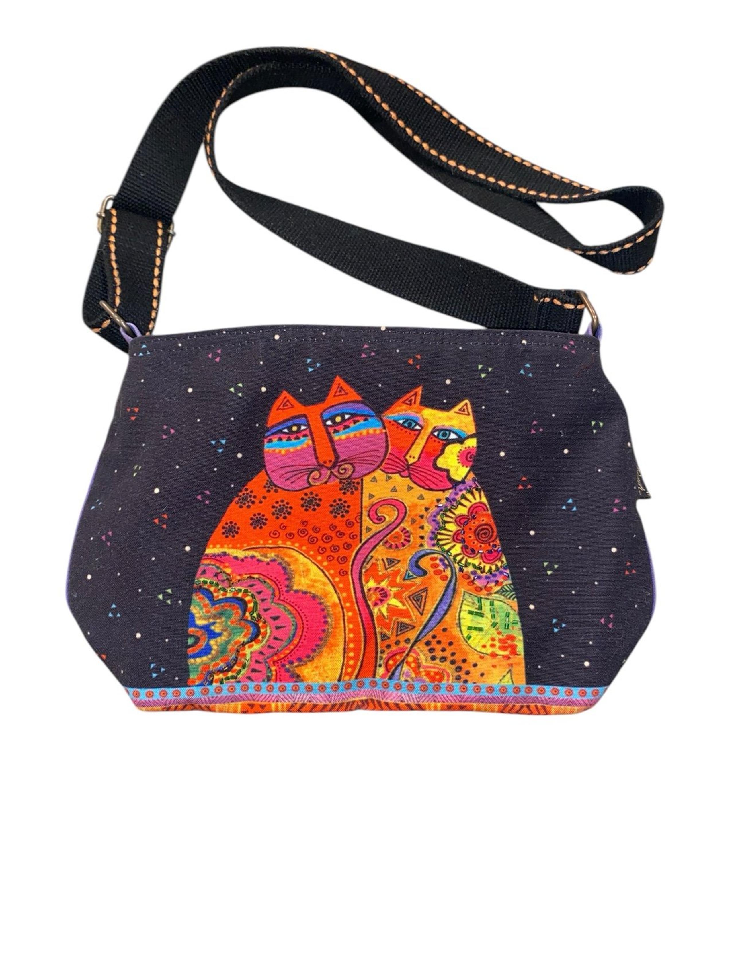 Festive Felines Cotton Canvas purple orange Crossbody Shoulder Bag - Laurel Burch