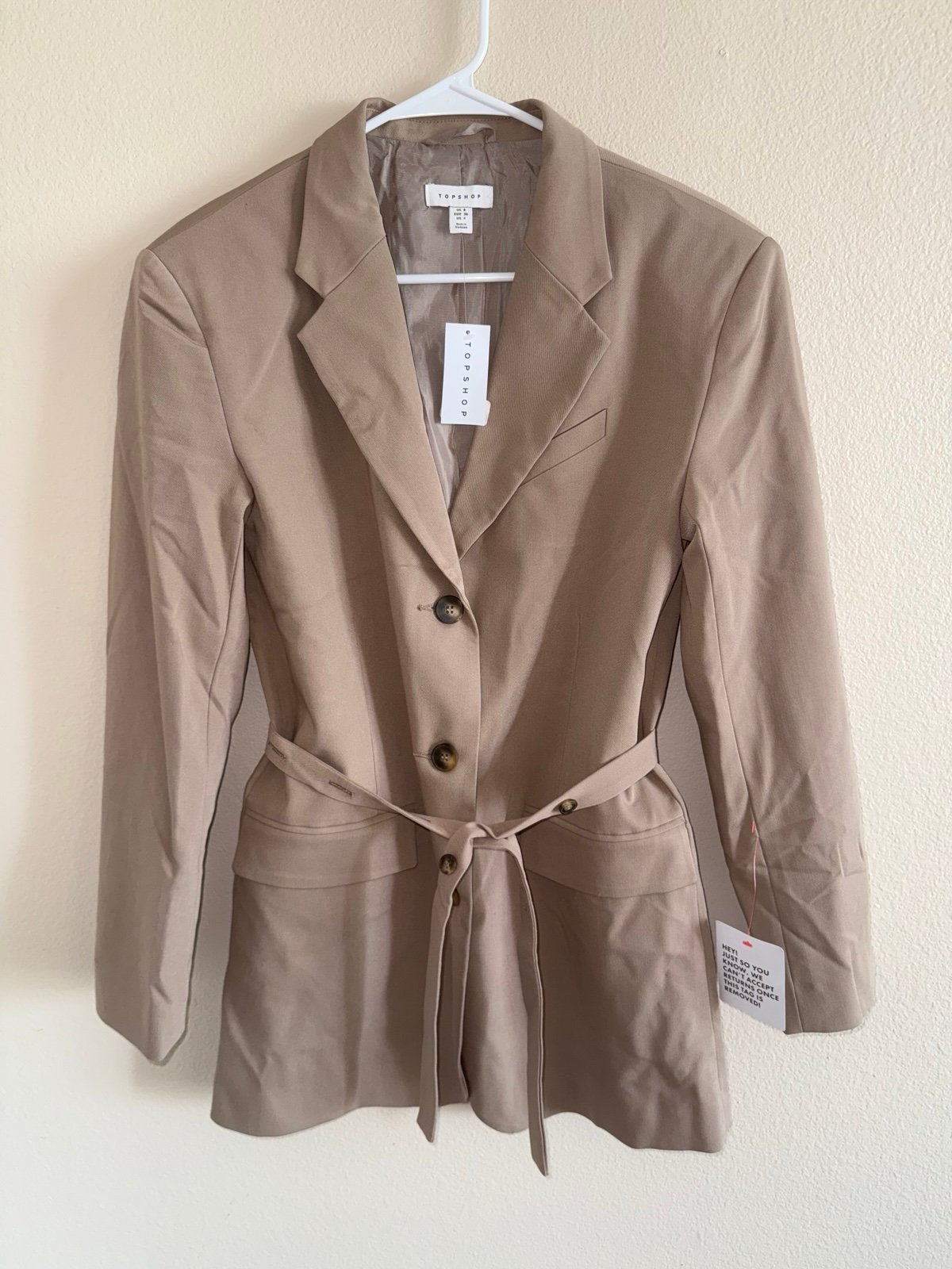 NWT TOPSHOP Beige Blazer Jacket w/ Waist Tie & Front Pockets size 4