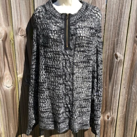 Brochu Walker Wool Sweater Top Pullover Black White Knit Poncho Cape One Size