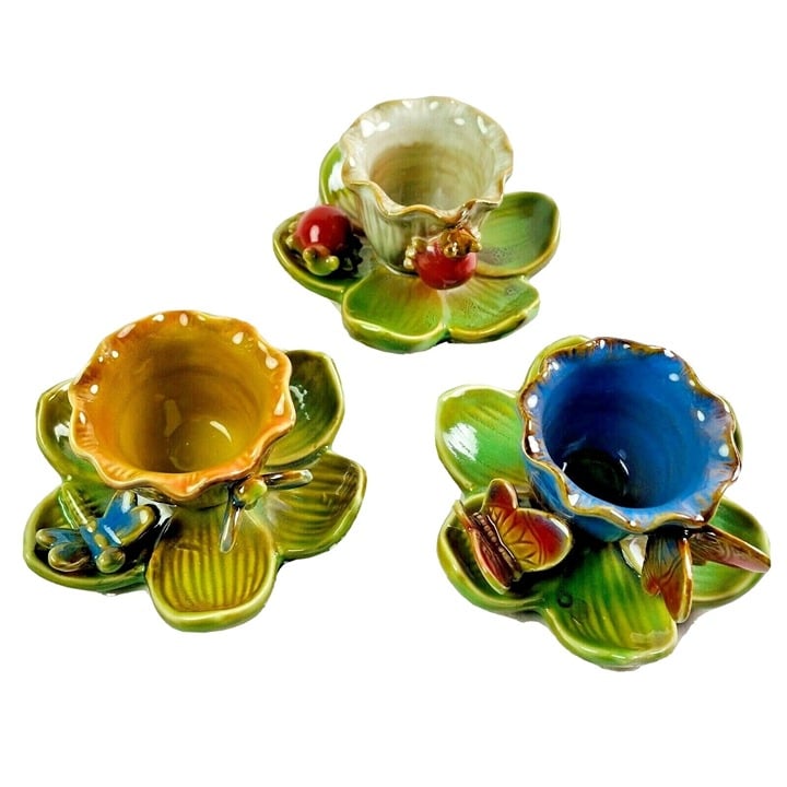 Lot 3 Ceramic Candlestick Holder Nature Butterflies Dragonflies Ladybug u