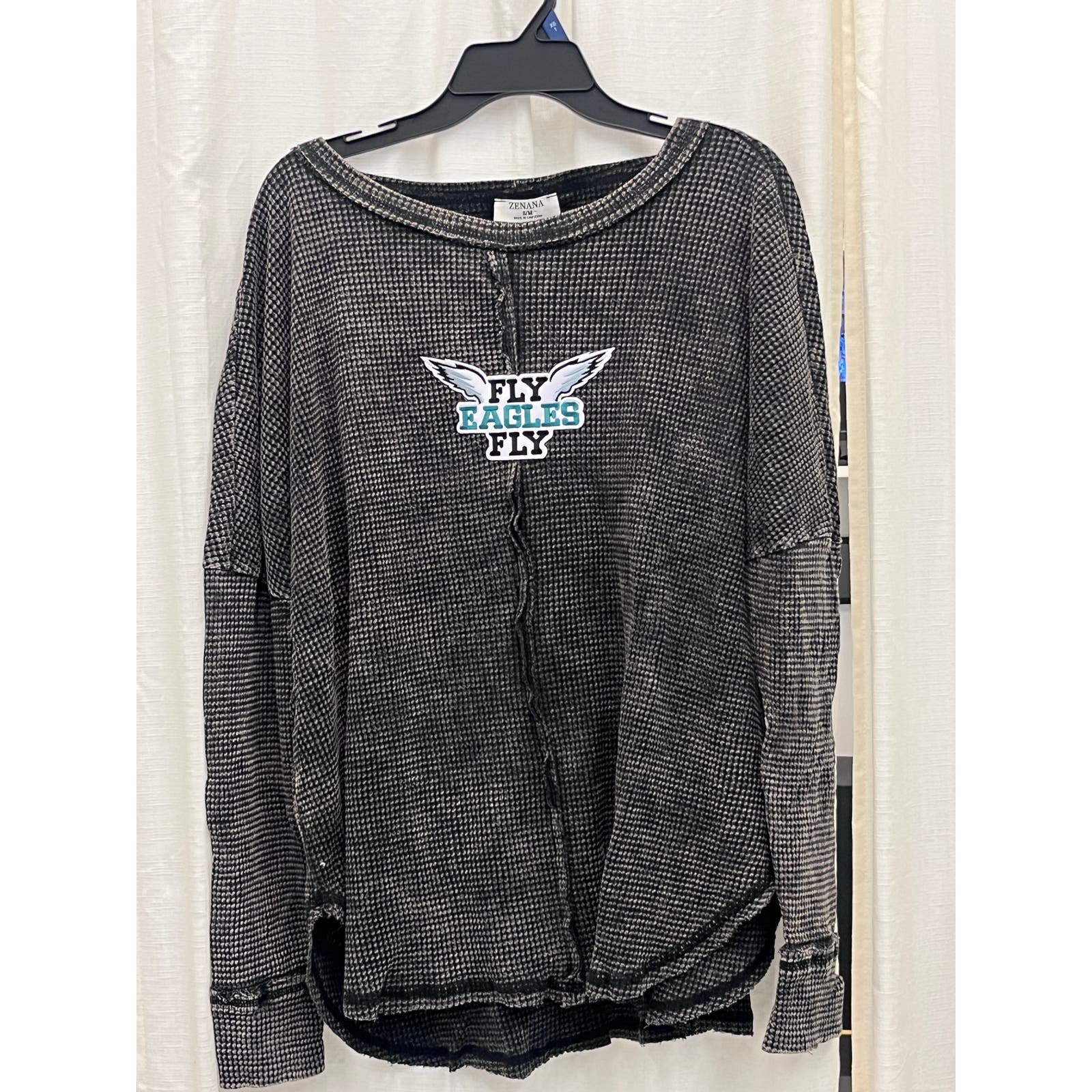 Black acid washed long sleeve sweater -Fly Eagles fly Patch Size S\M
