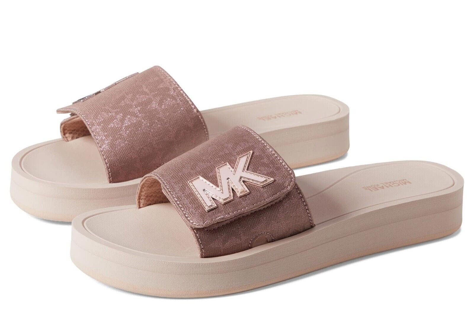 Michael Kors Women's MK Platform Slide Fawn Pink Metallic Jacquard 8 M NEW