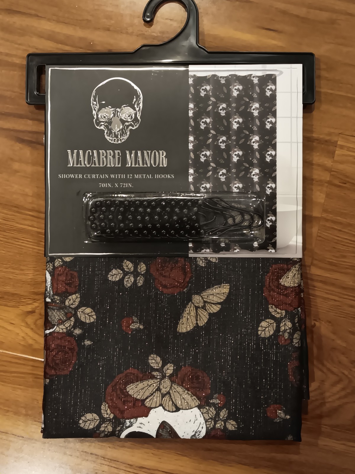 Gothic Style skull butterfly and flower black shower curtain with metal hooks