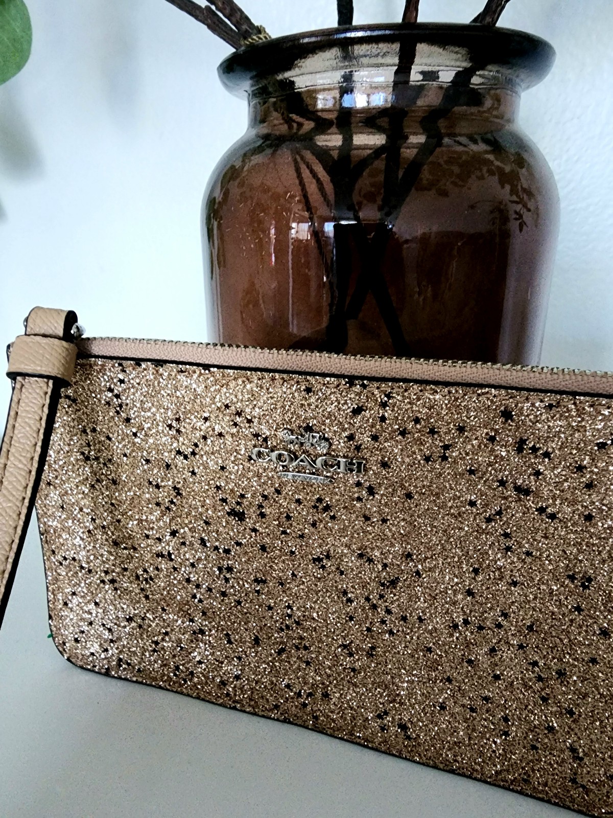 Coach gold glitter wristlet wallet pouch