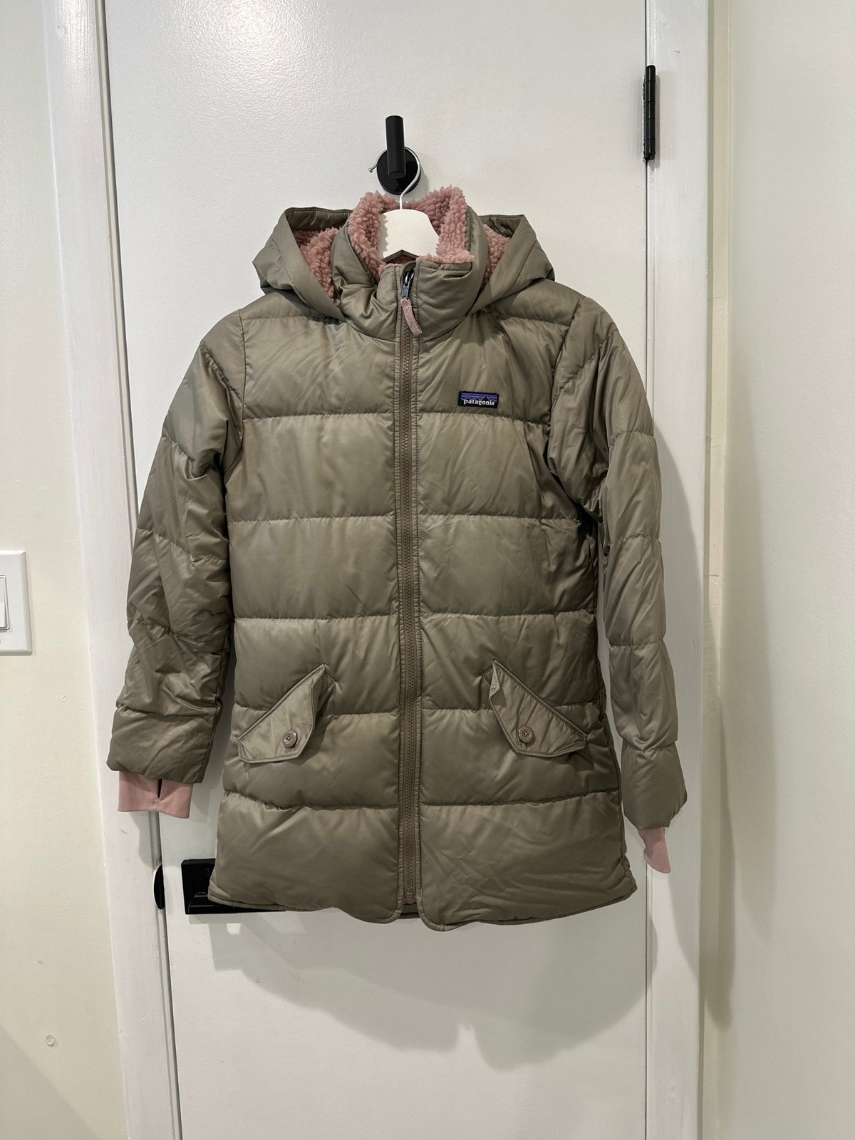 Patagonia Long Down Coat Puffer Jacket Pink Raspberry Girls Sz L 12