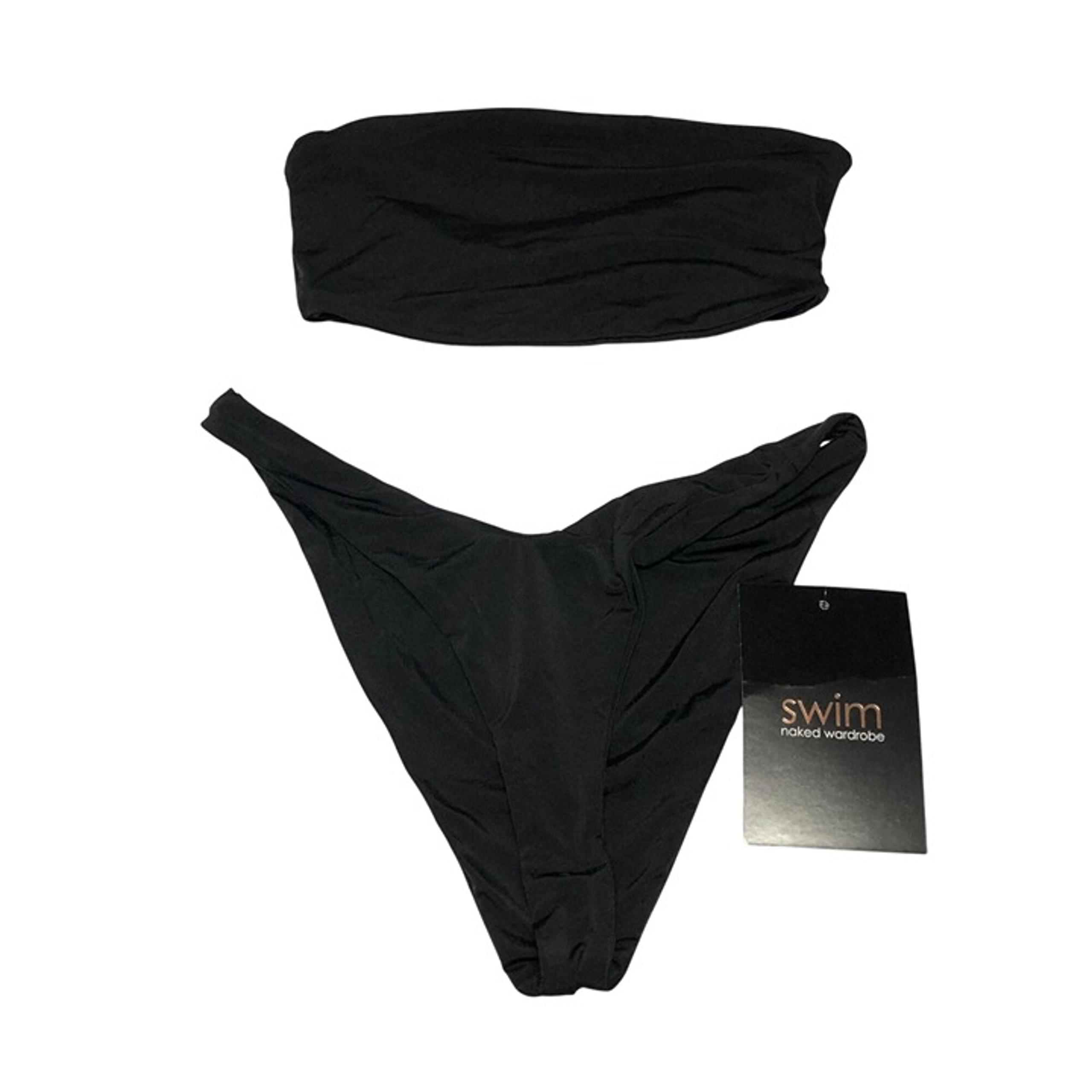 Naked Wardrobe Bikini Set Bandeau Tube Top Cheeky High Cut Bottom Black L
