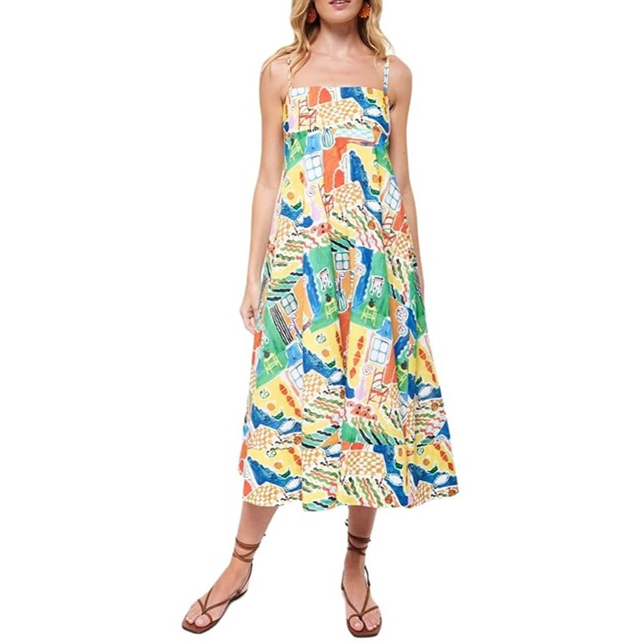 Women Boho Beach Flowy Dress Y2k Spaghetti Strap Sleeveless Smocked A-line Swing