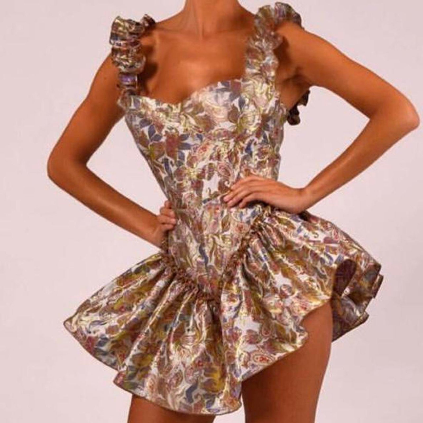 The dolls house fashion Oriella Gold Jacquard playsuit with ruffle straps