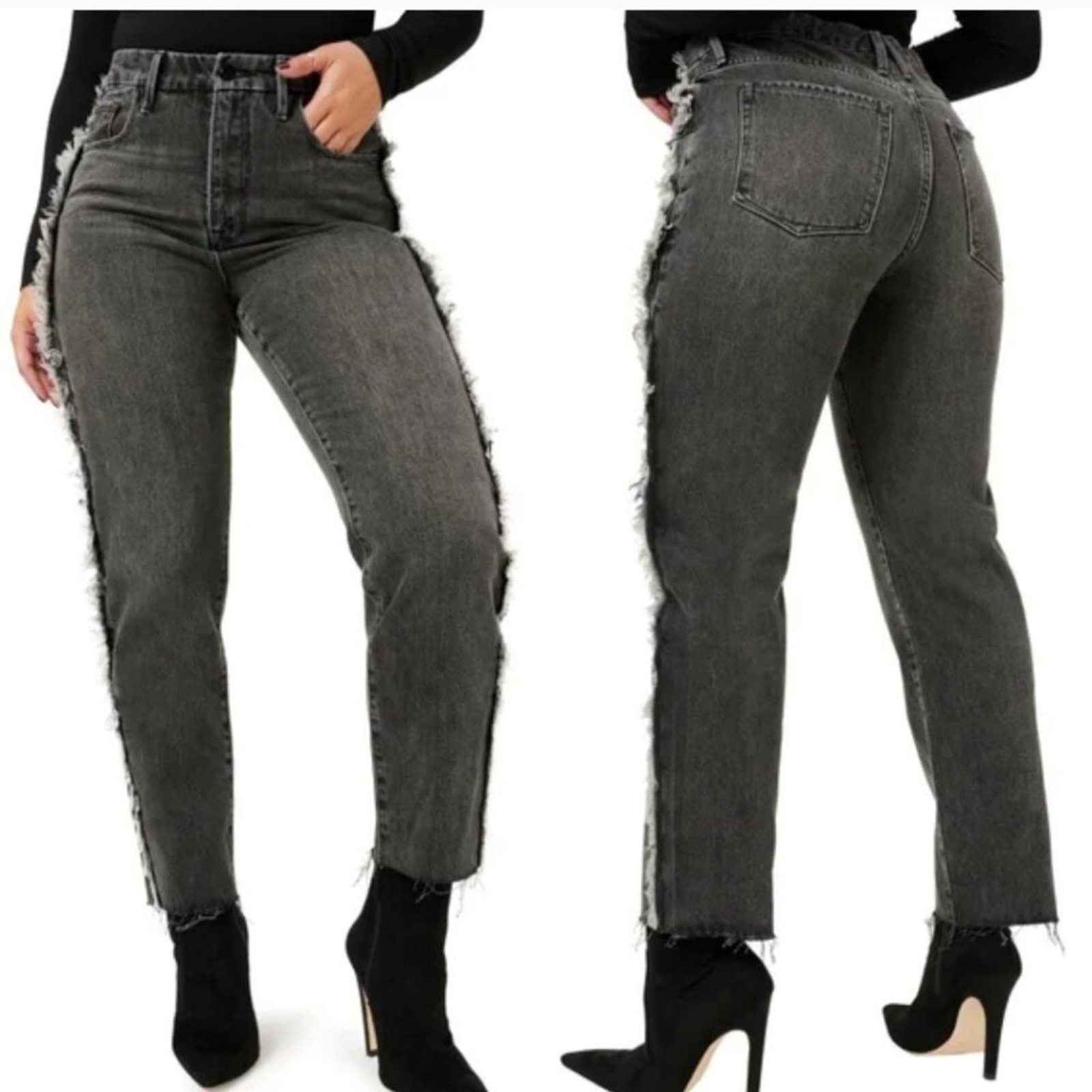 GOOD AMERICAN NWT Good Boy Curvy Black Side Fray Straight Jeans size 12/31