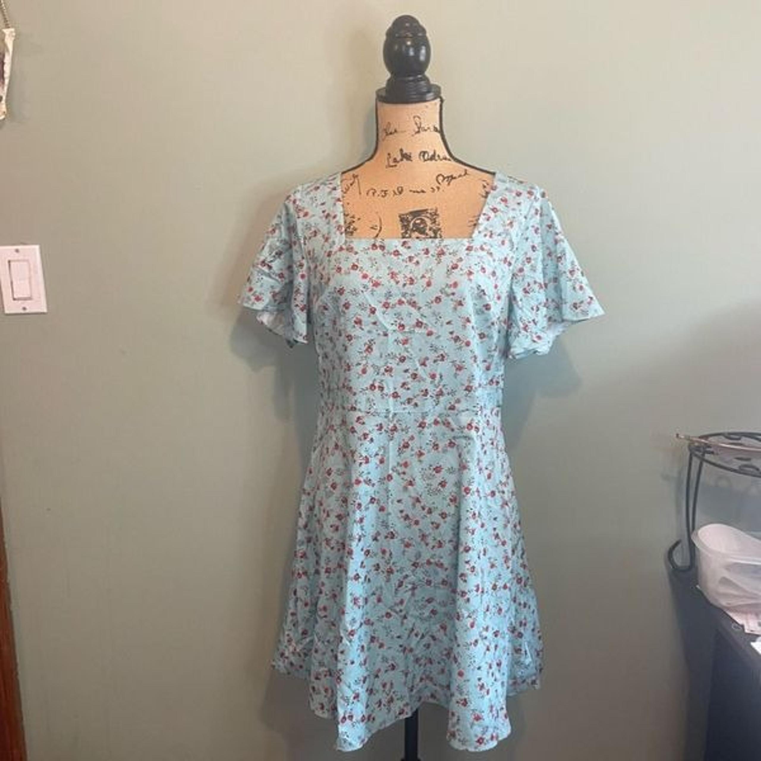 Shein Womens Ditsy Floral Flutter Sleeve Square Neck Mini Dress Blue Size Large