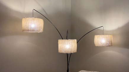 New Trinity Arc Floor Lamp Antique Bronze FinisH, Beige Burlap.