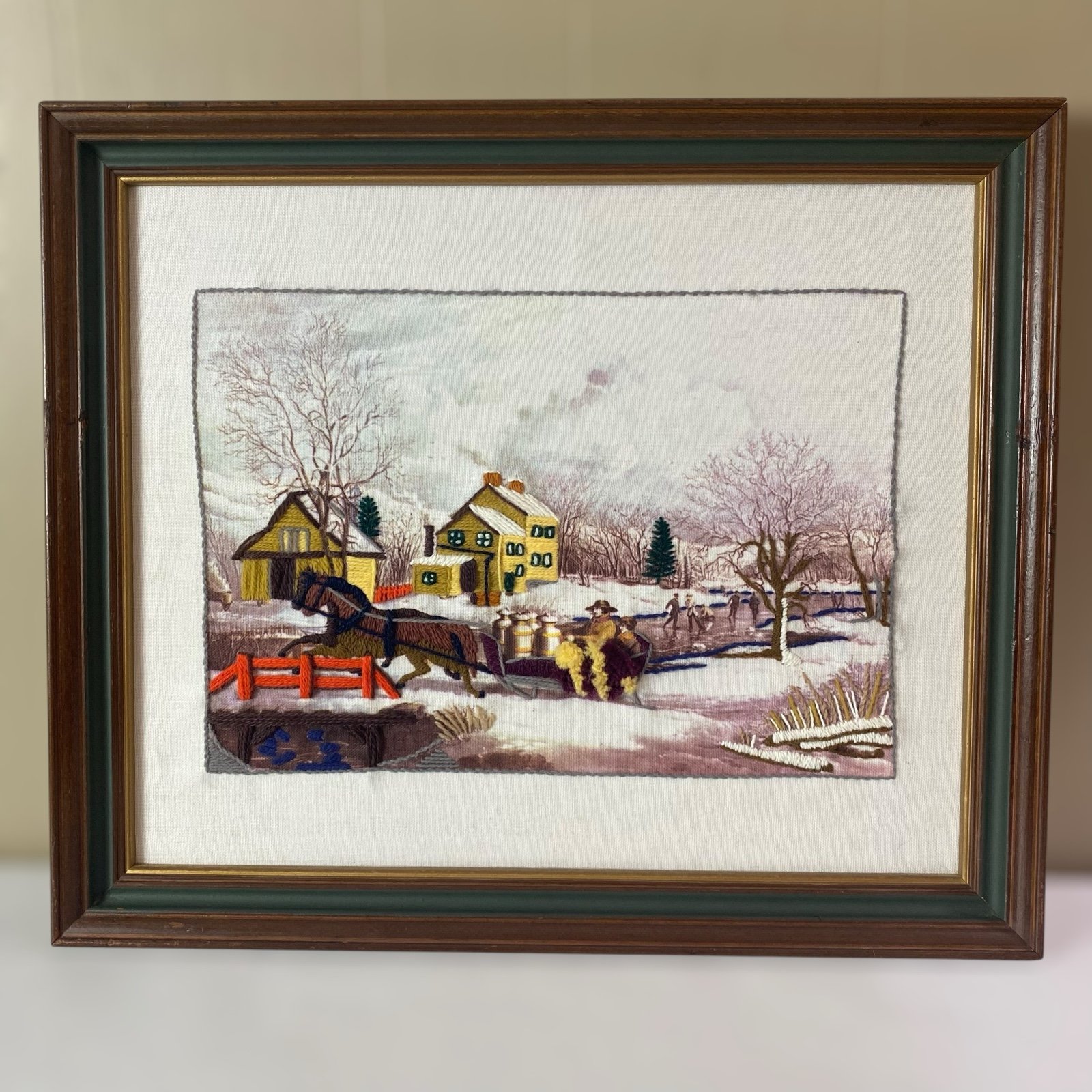 Vintage Crewel Needlepoint Folk Art Farmhouse Sleigh Ride Wall Art Picture