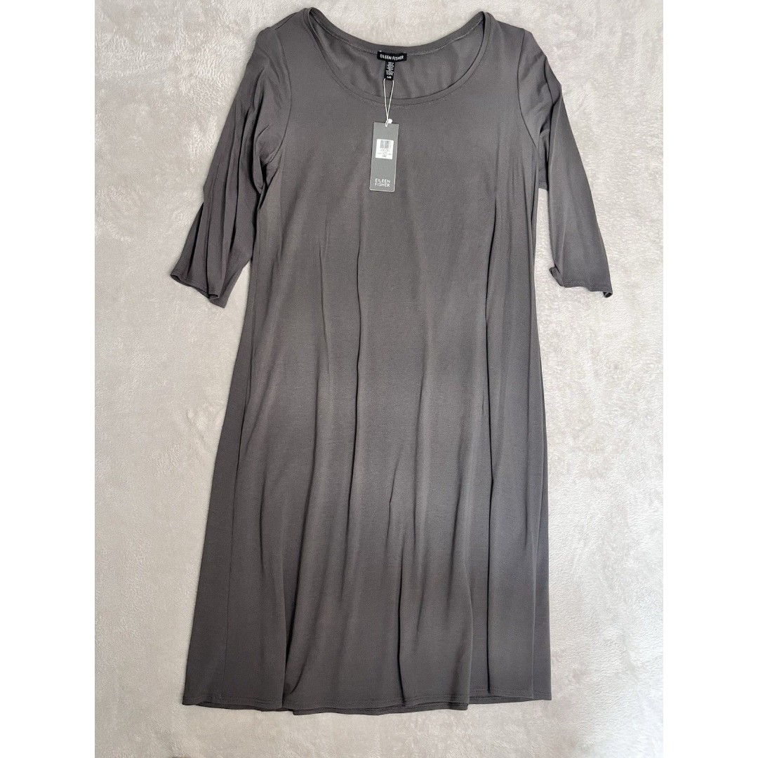 NWT Eileen Fisher Scoop Neck K/L Midi Tank Dress Cinder Gray Shift Spring Modest