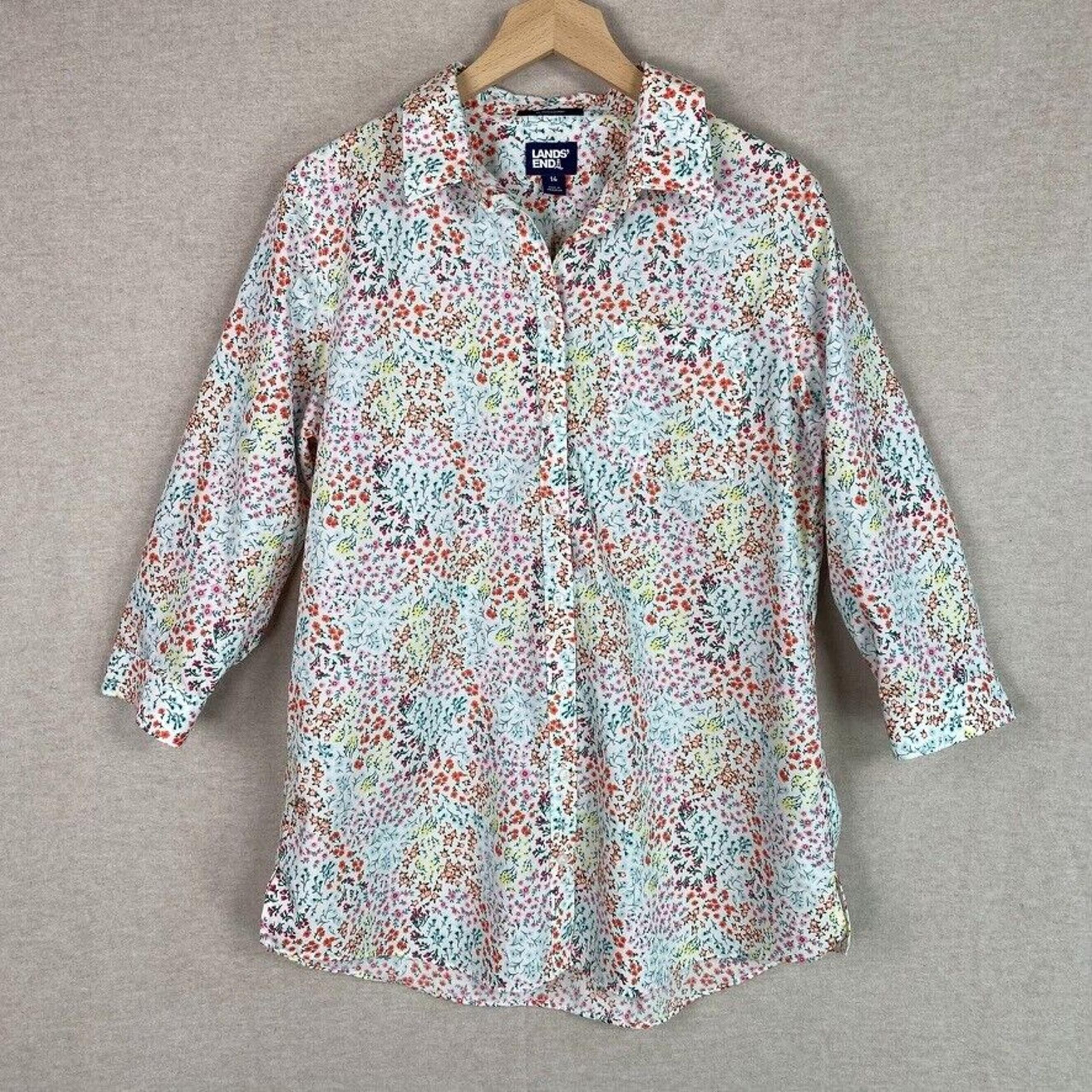 Lands End Womens Floral Button Up Top Size 14 3/4 Sleeve Spring Office Career