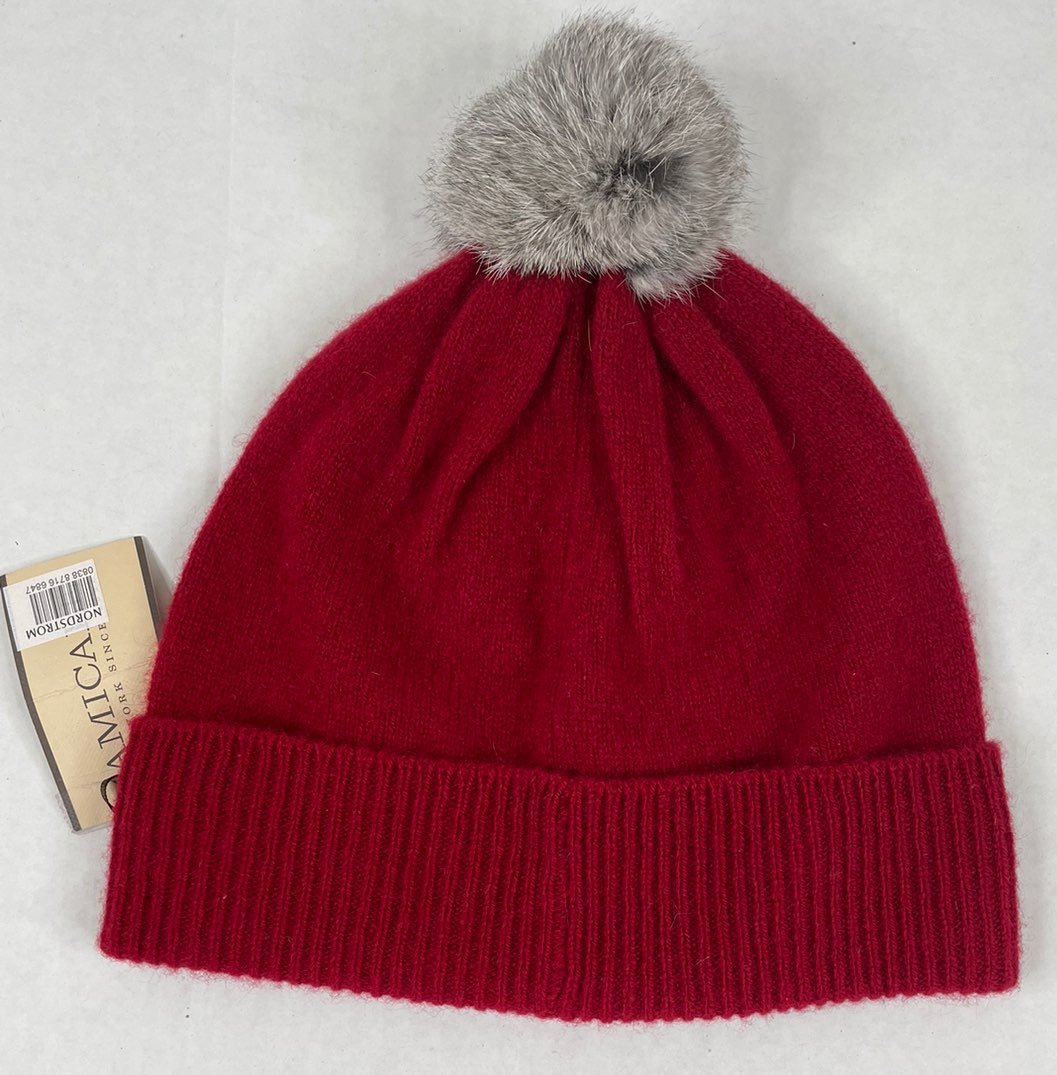 AMICALE CASHMERE BEANIE RED RABBIT FUR POM ONE SIZE