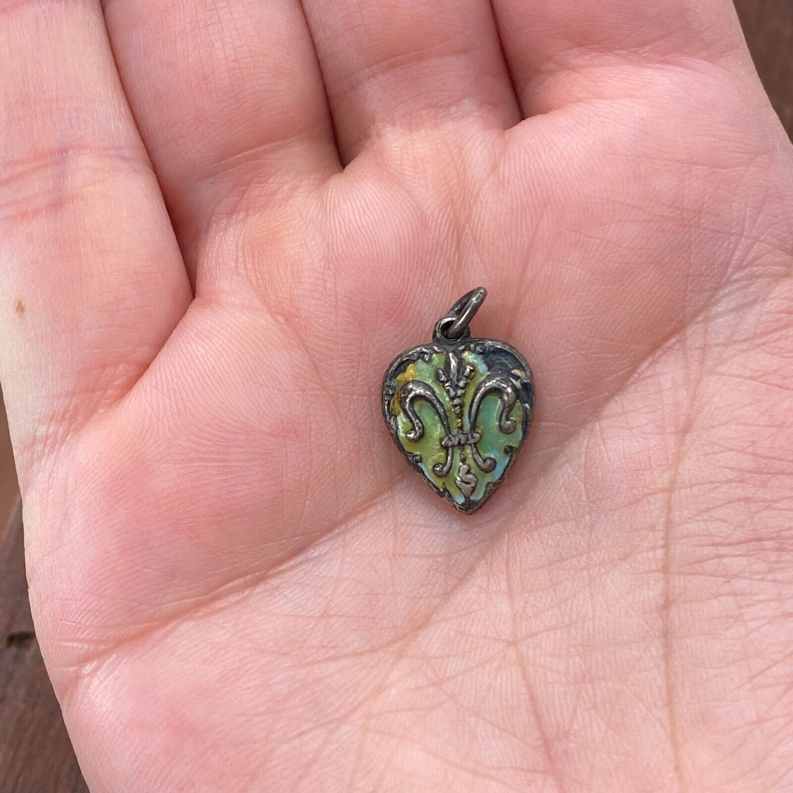 Vintage 925 Sterling Silver Iridescent Enamel Fleur de Lis Puffy Heart Charm