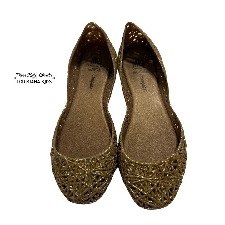 Mel Dreamed By Melissa + Campana Sz 2 Gold Glitter Zig Zag Flats