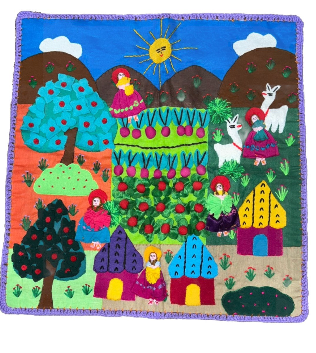 Folk Art 3D Textile Tapestry Peruvian Arpillera Handmade Approximately 19x19” K