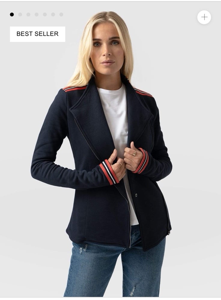 Saint + Sofia Women's Sz. Cotton Biker Jacket Navy Stripe Asymmetrical Zip 6