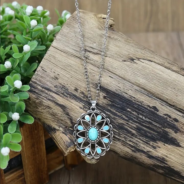 14K White Gold Womens Round Turquoise Pendant Necklace Ladies Silver Jewelry NEW