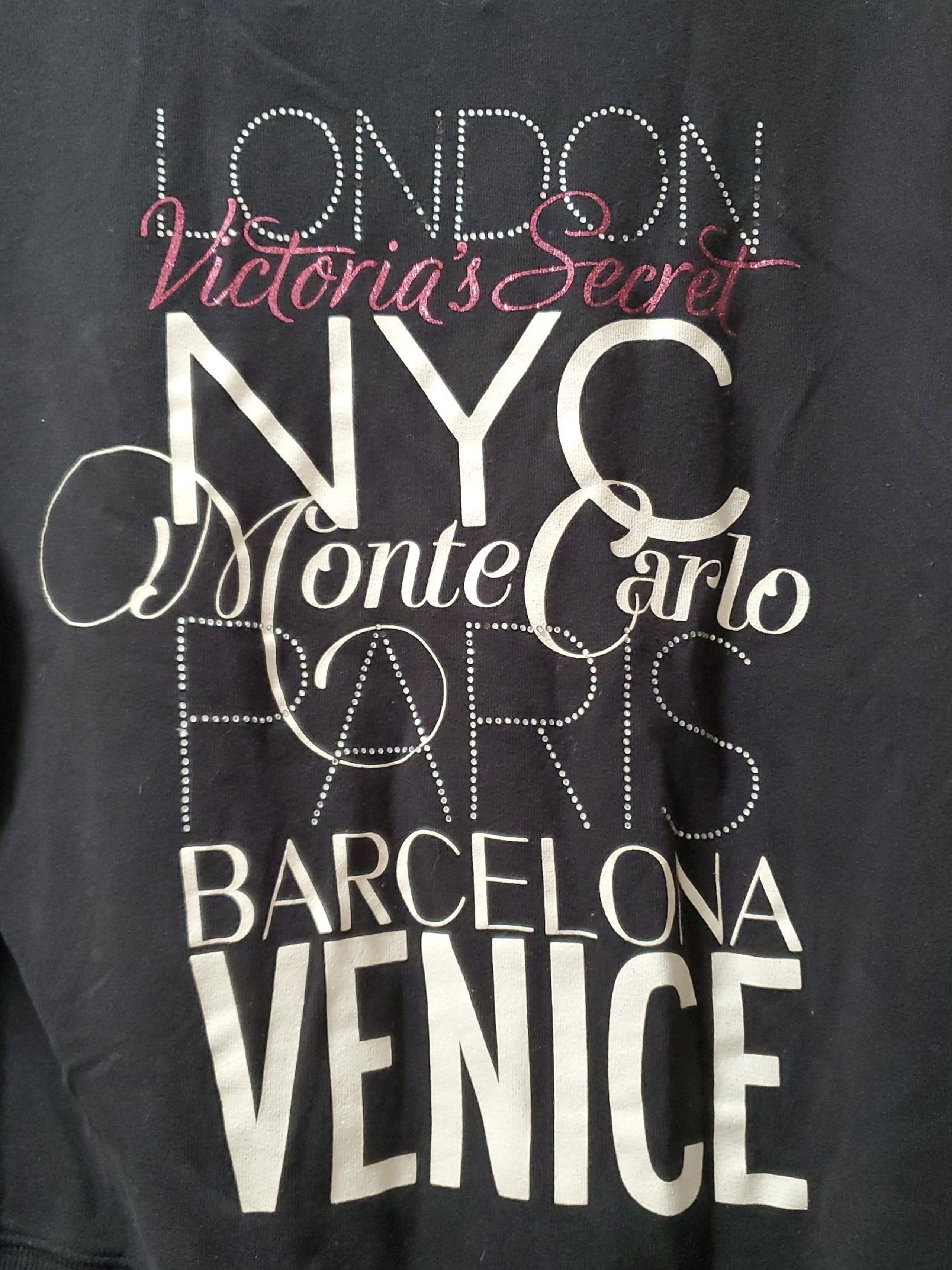 VICTORIA'S SECRET SUPERMODEL ESSENTIALS BL BLING ZIP HOODIE. LONDON, PARIS, NY,