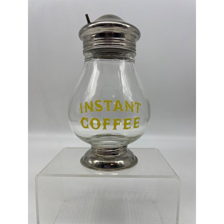 Vintage Glass Instant Coffee Jar With Silver-Tone Lid & Yellow Text