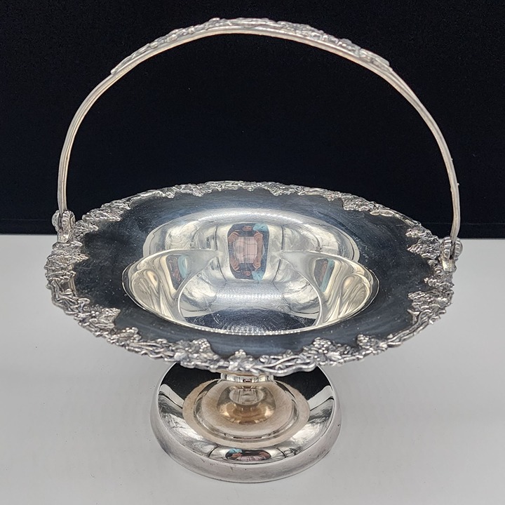 Antique Sheffield Silver Plated Pedestal Basket With Handle Intricate Grape Vine