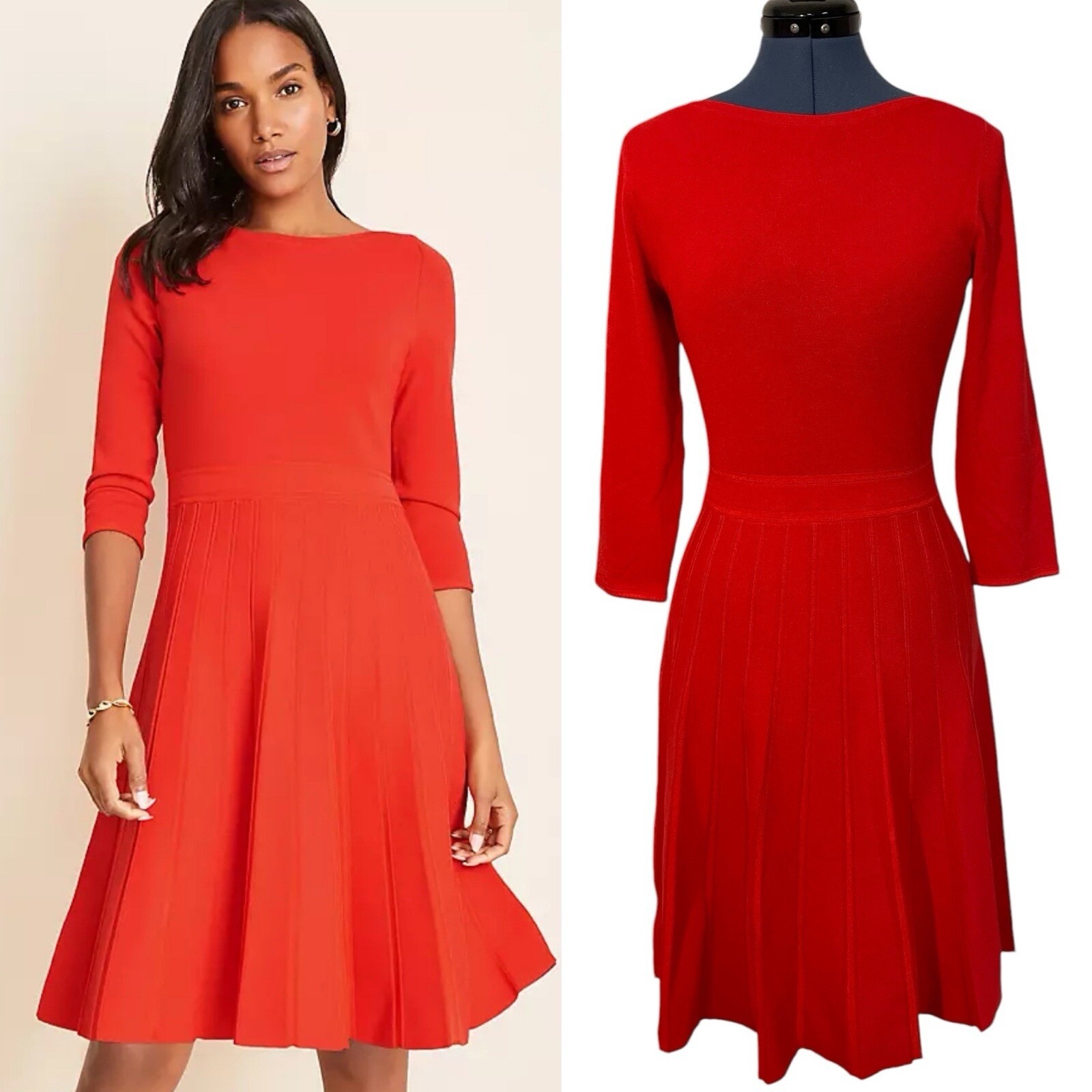 NWT Ann Taylor Red Pleated Fit Flare Knit Dress Holiday Preppy Cocktail Classy S