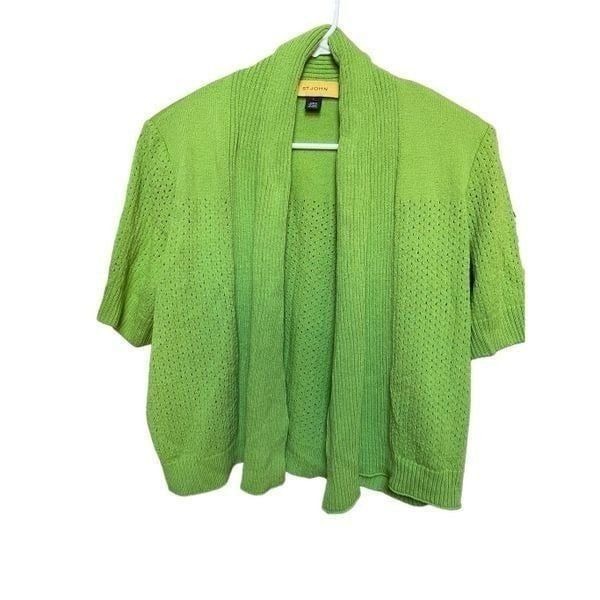 St John Womens Santana Knit Open Front Cardigan L Vert Green Short Sleeve