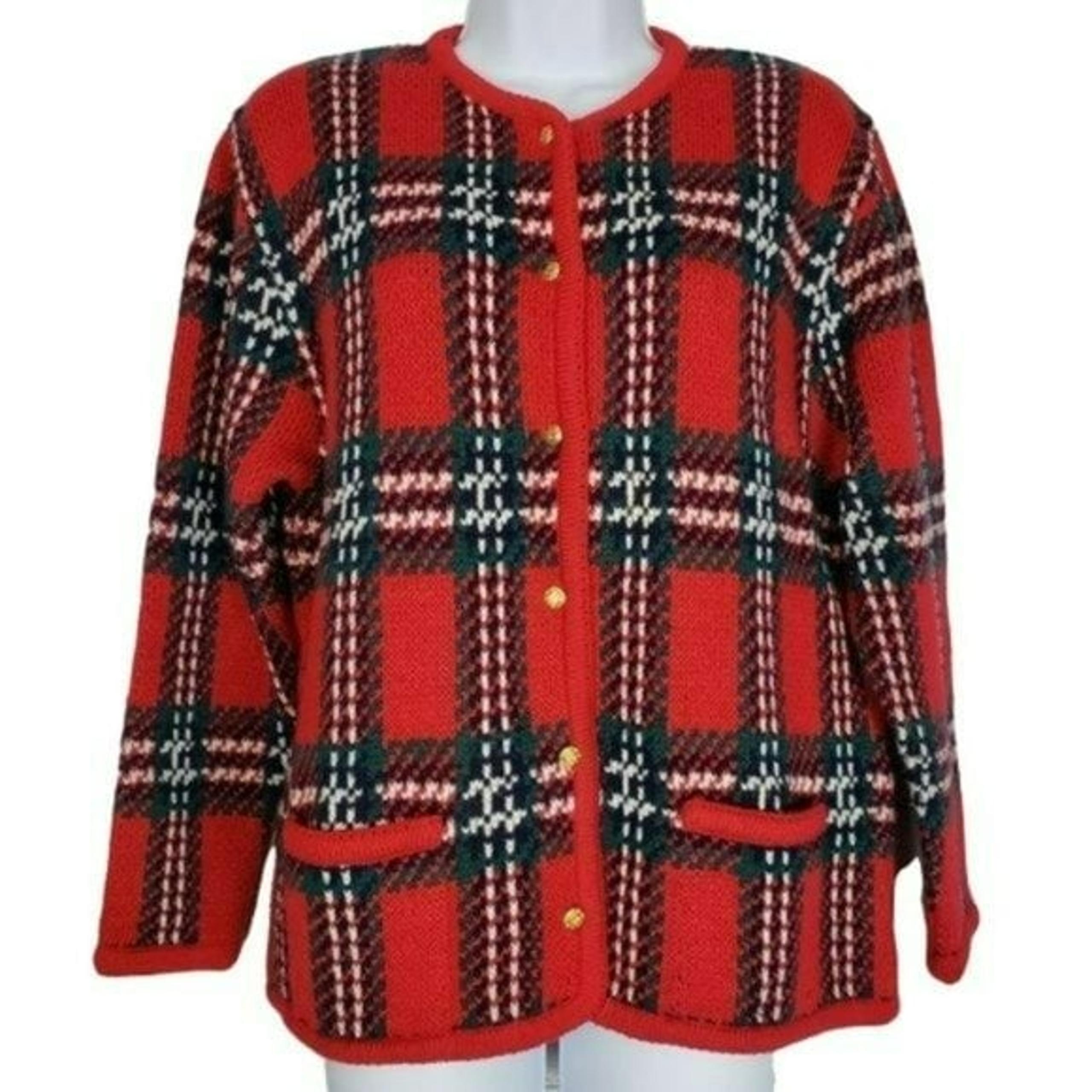 Crystal Kobe Vintage Cardigan Sweater M Plaid Red Green Christmas Knit Holiday
