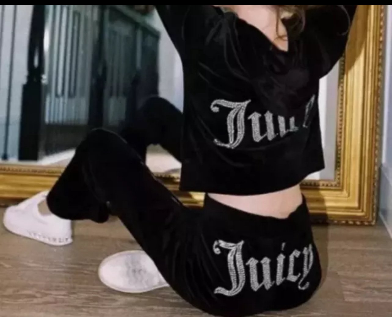 NEW JUICY COUTURE Velour OG Bling Tracksuit Hoodie & Pant Set Black Large