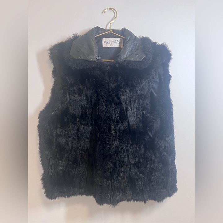 Andrew Marc Black Fur Vest Leather Trim