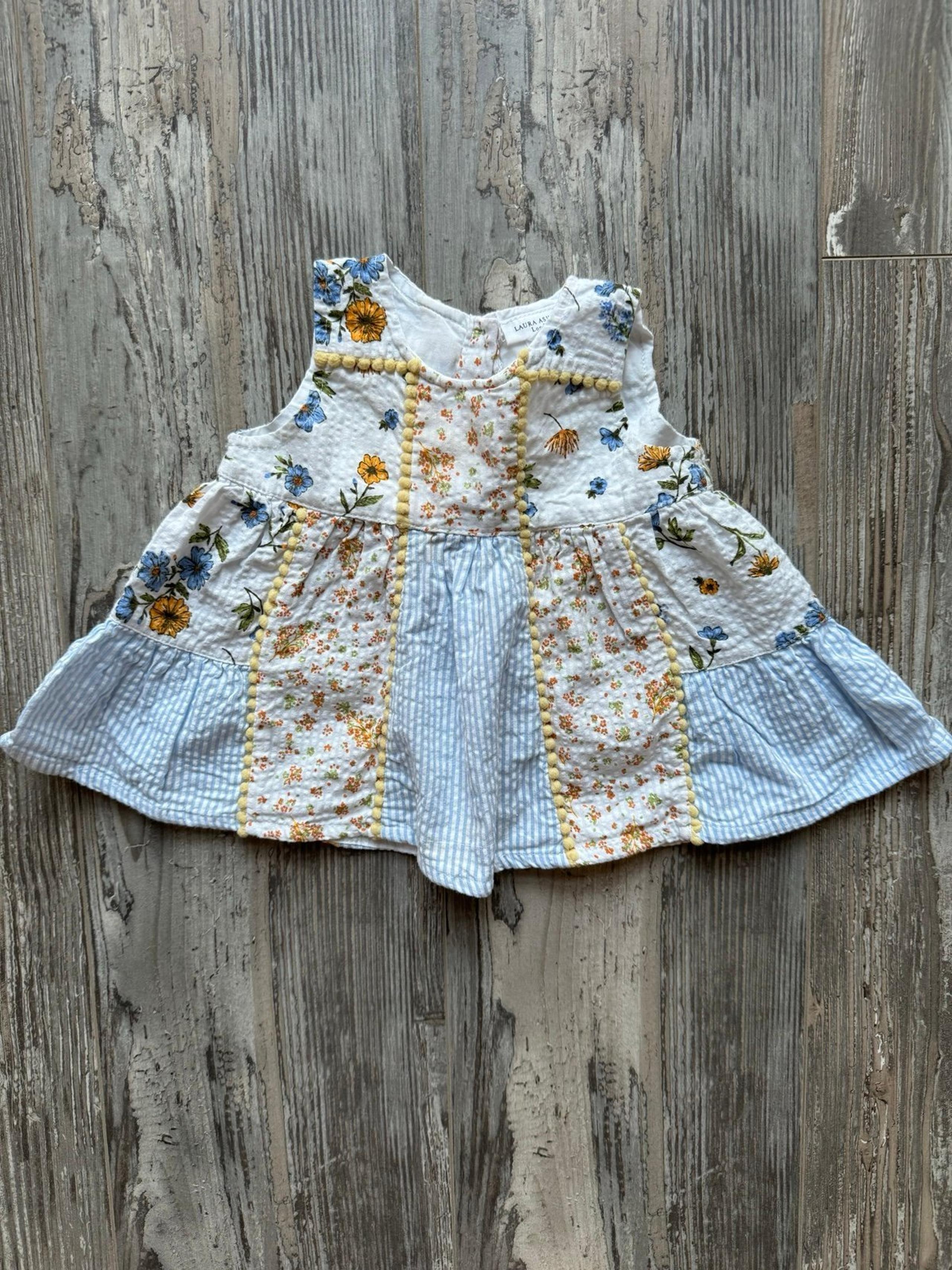 Baby Laura Ashley Patchwork Dress 3-6 Months Blue Yellow White Button Seersucker
