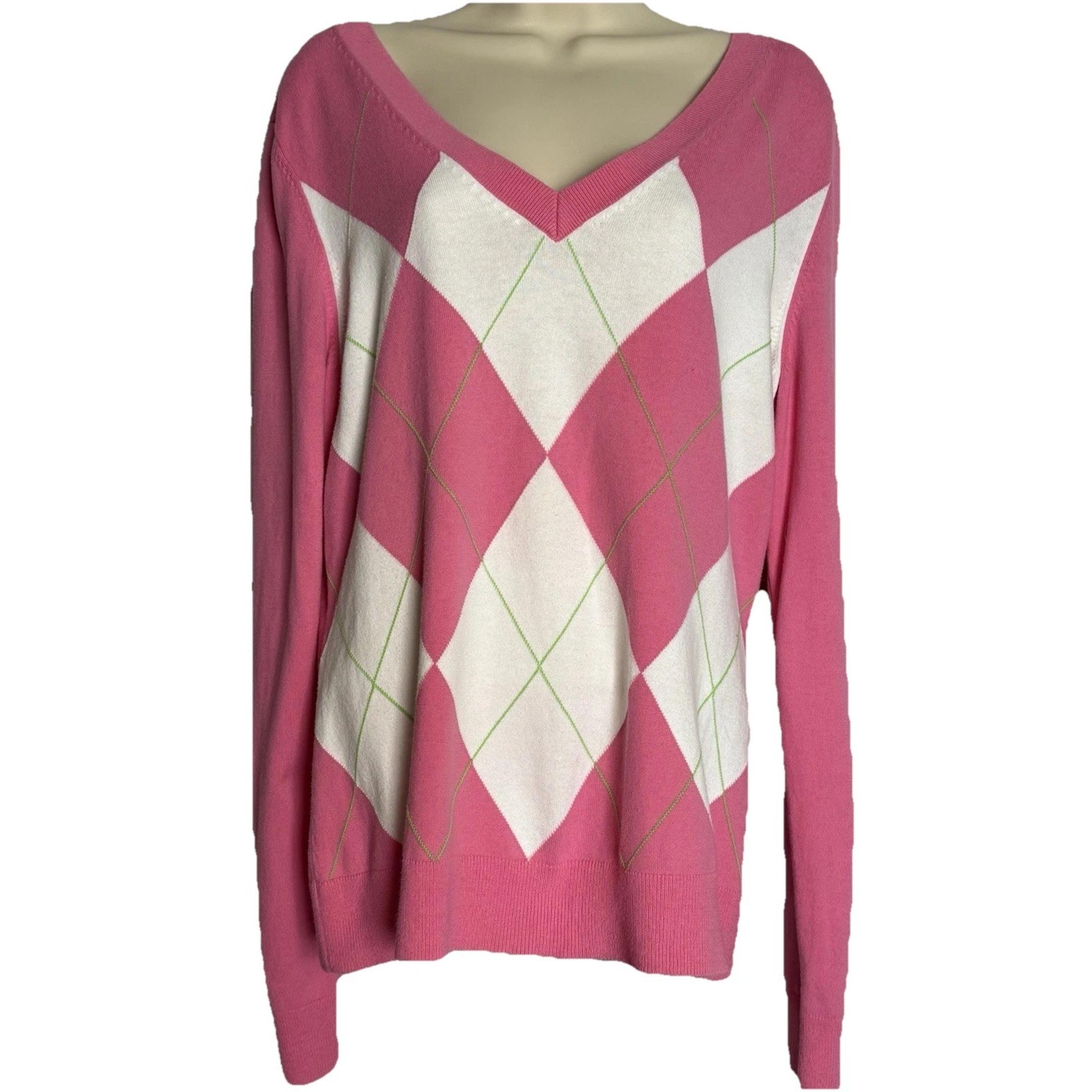 Lilly Pulitzer Pink/White Argyle V Neck Sweater - Large