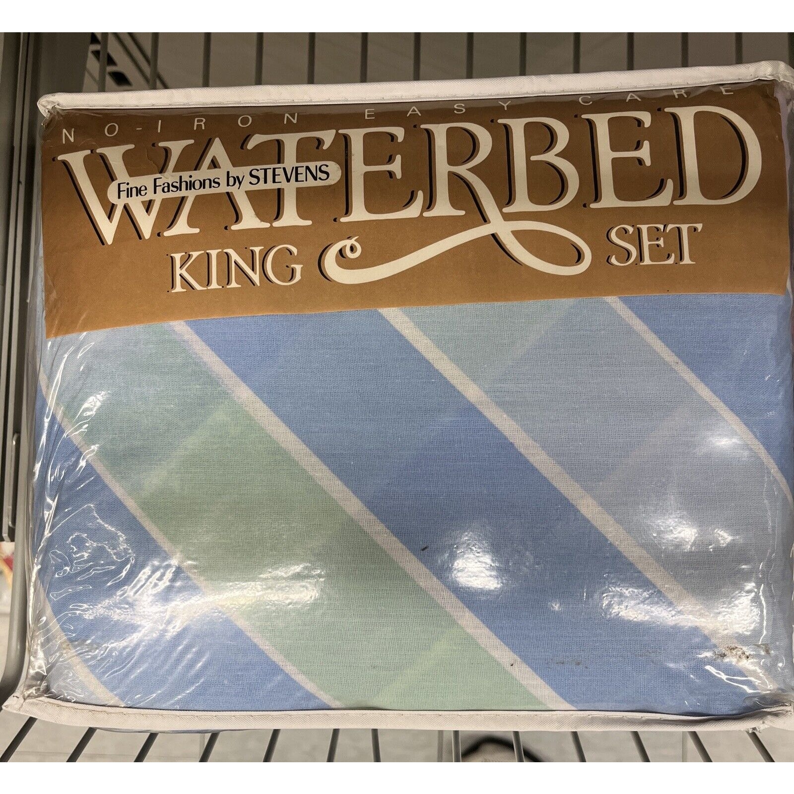 NOS Vintage 1980s King Waterbed Sheet Set Blue Green Geometric Stripes